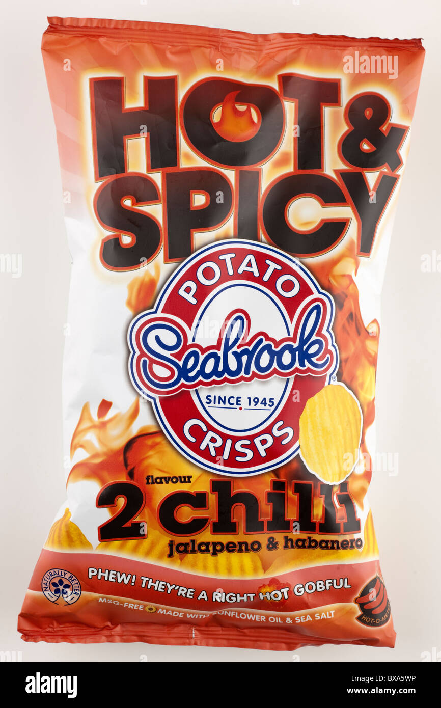 Large bag of Seabrook msg free hot and spicy chilli jalapeno and habanero potato crisps Stock Photo