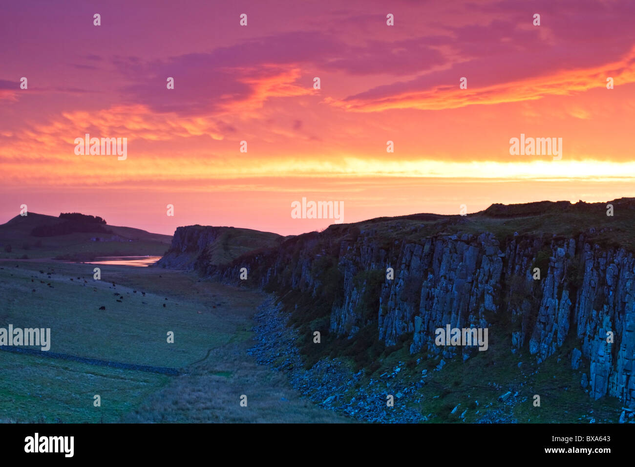 Steel Rigg Morning Autumnal sunrise over Steel Rigg Crags on the route of Hadrian's Wall ...
