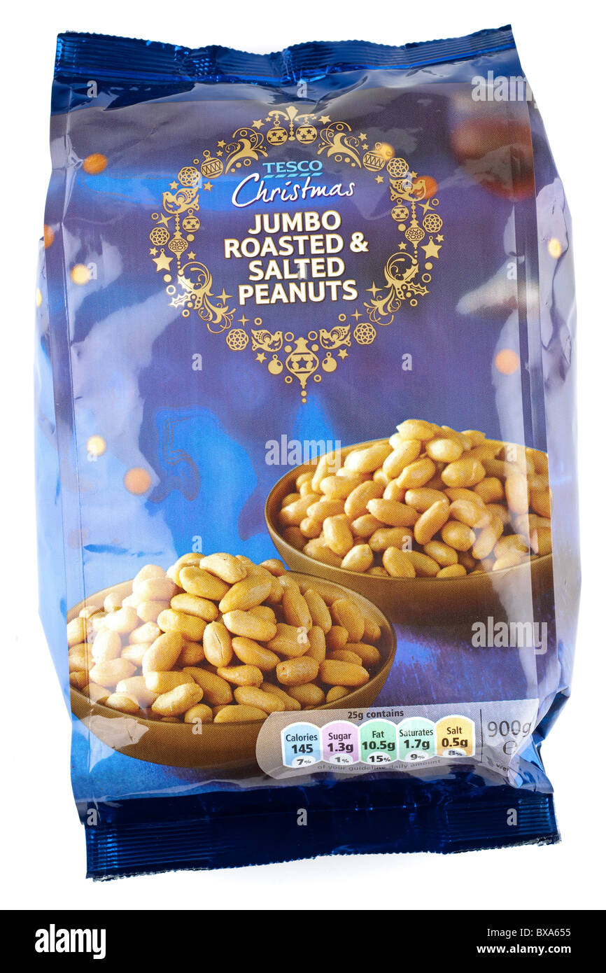900 gram bag of Tesco Christmas jumbo roasted peanuts Stock Photo