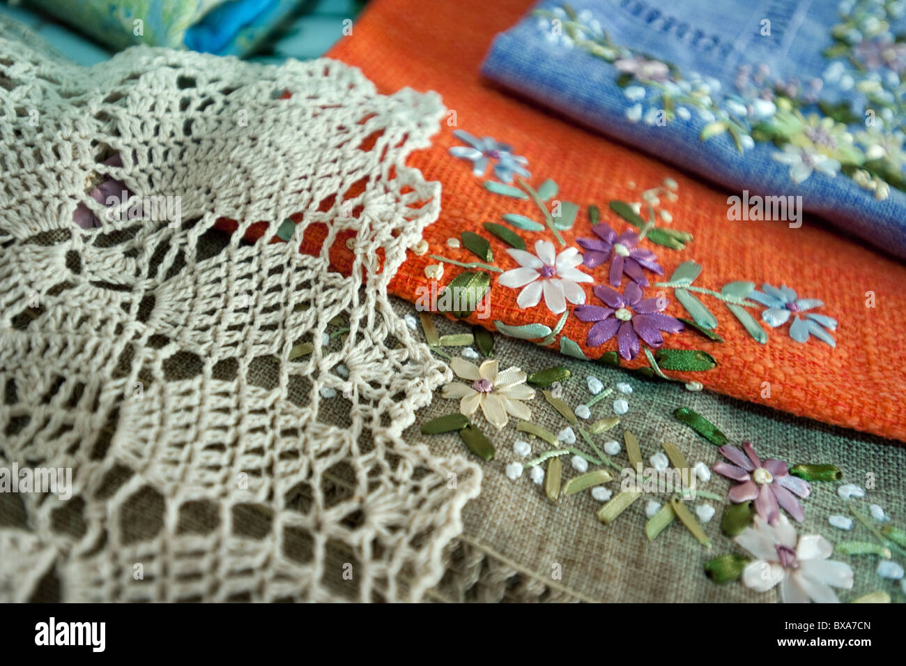 Lace and embroidery, Kassiopi, Corfu, Greece Stock Photo