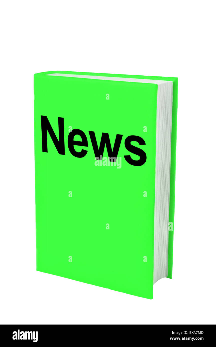 Green book with the word News on cover. White background with copy space. Stock Photo