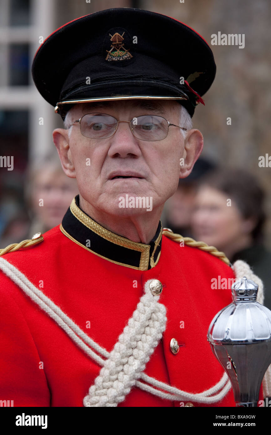 A member of a military band, performing at a Remembrance Day parade in Ely, Cambridgeshire. Stock Photo