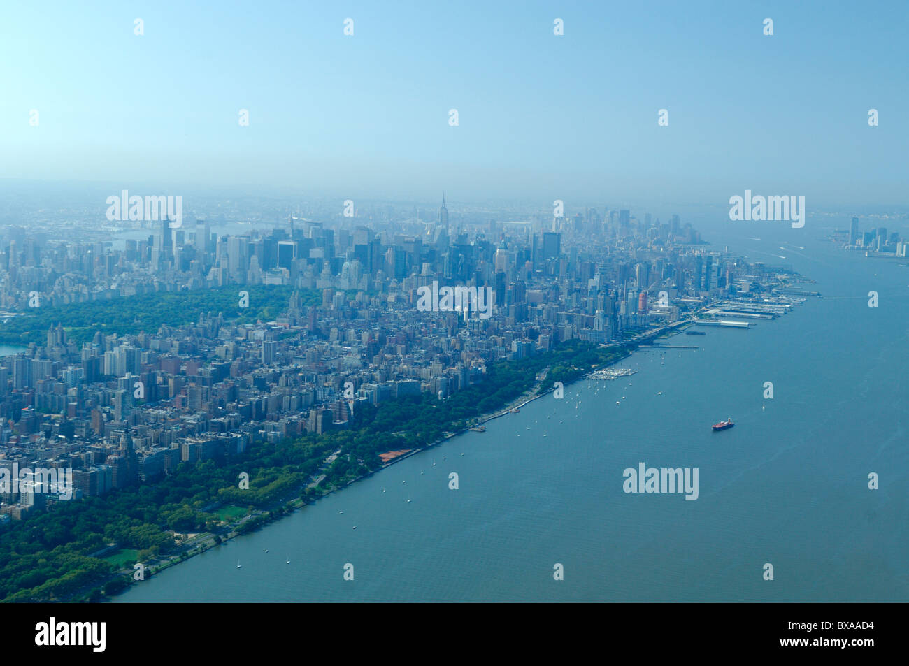 Aerial view of Manhattan and Hudson river during an hot summer, note