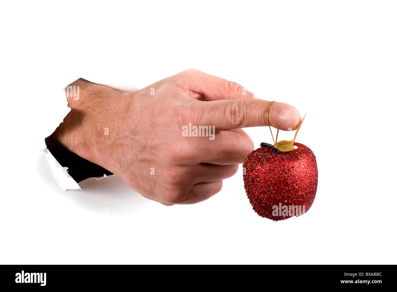 object on white - hand with Christmas decorations Stock Photo