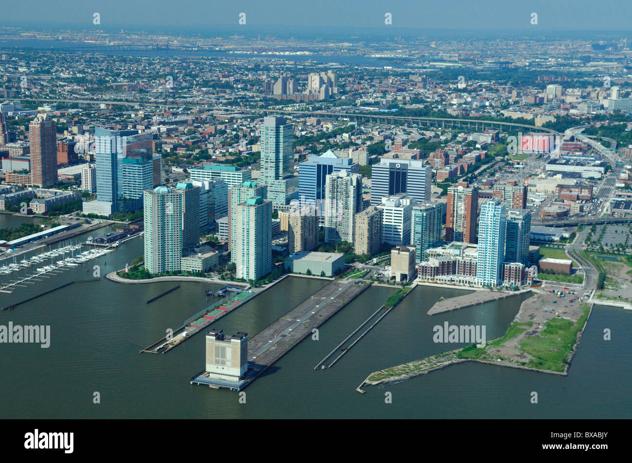 Aerial of Jersey City and Hudson river in hot summer, New Jersey, USA Stock Photo