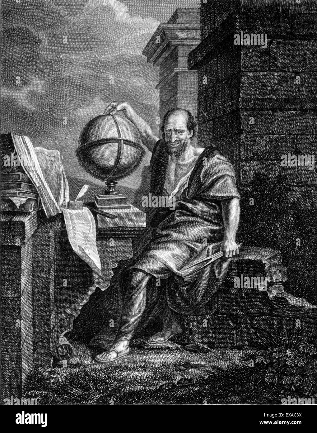 Democritus (c460BC-c370BC) Greek Philosopher with Globe (c18th Engraving of Painting by Joseph Ribera) Stock Photo