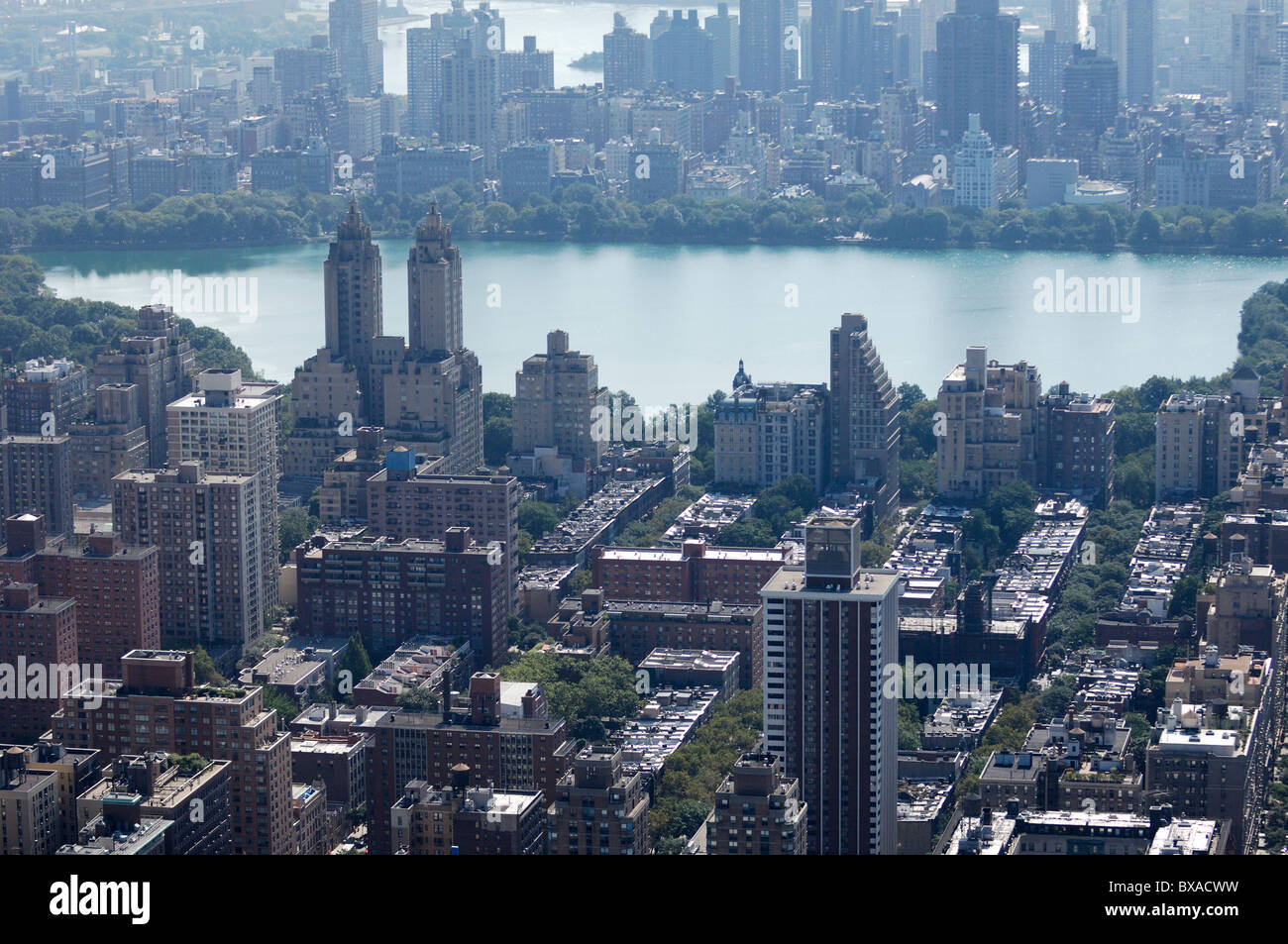 Aerial of Upper West/East side, and reservoir J Kennedy in Central park, during heatwave in hot summer, Manhattan, New York city Stock Photo