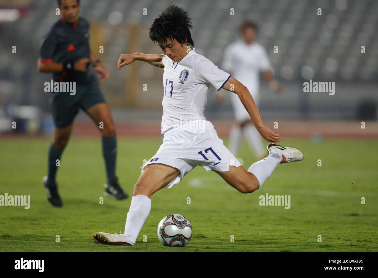 Suk Young Yun of South Korea sets to kick the ball during a 2009 FIFA U-20 World Cup round of 16 match against Paraguay. Stock Photo