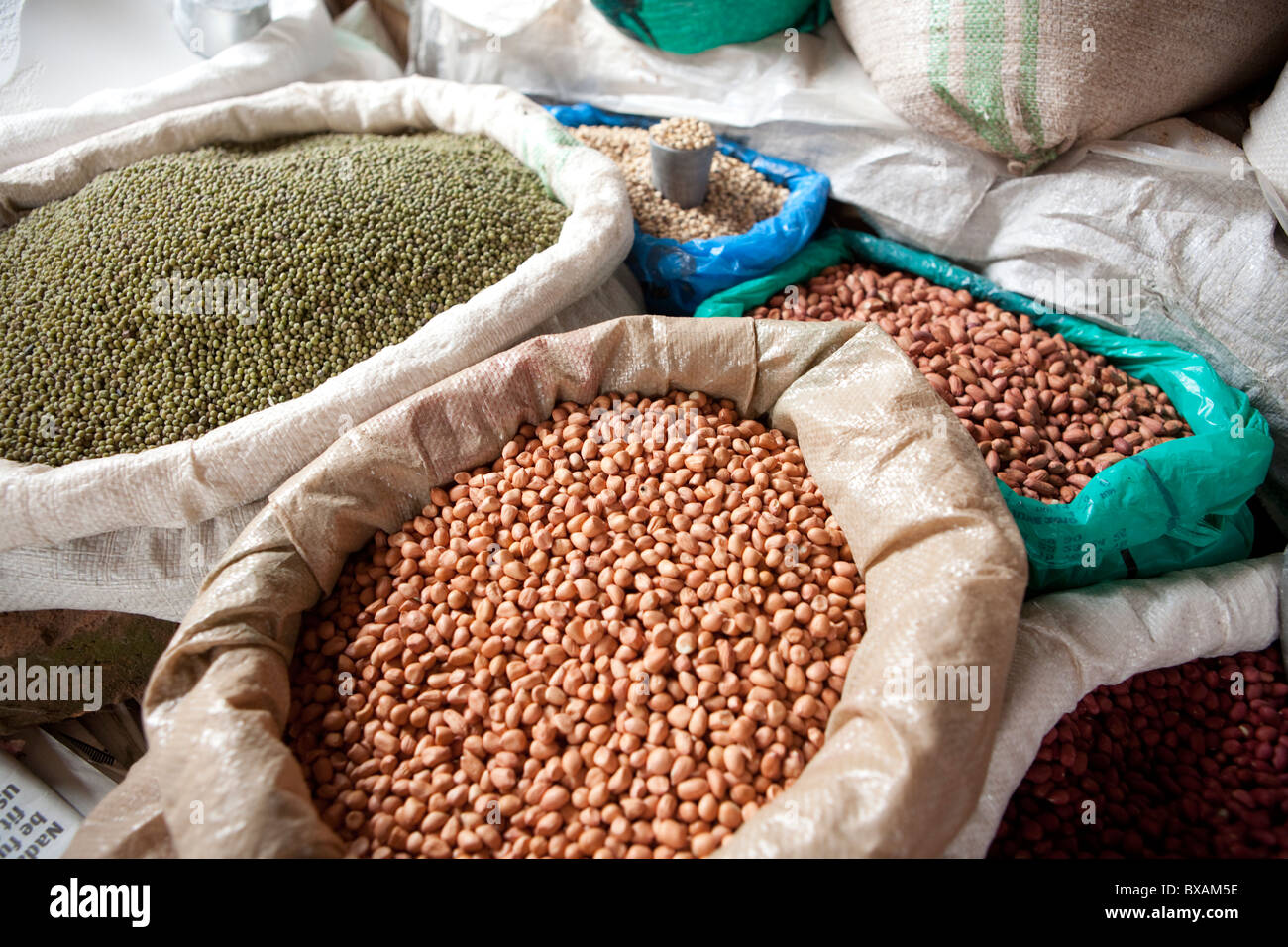 Nuts, legumes and peas are for sale in Iganga's central market - Iganga, Uganda, East Africa. Stock Photo