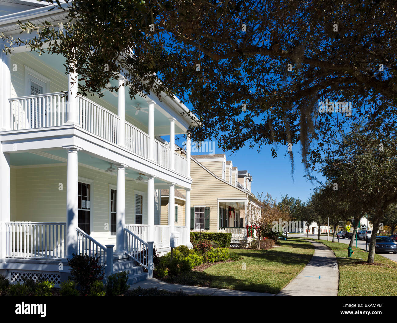 Houses on Celebration Ave near the centre of the Disney purpose built township of Celebration, Kissimmee, Orlando, Florida, USA Stock Photo