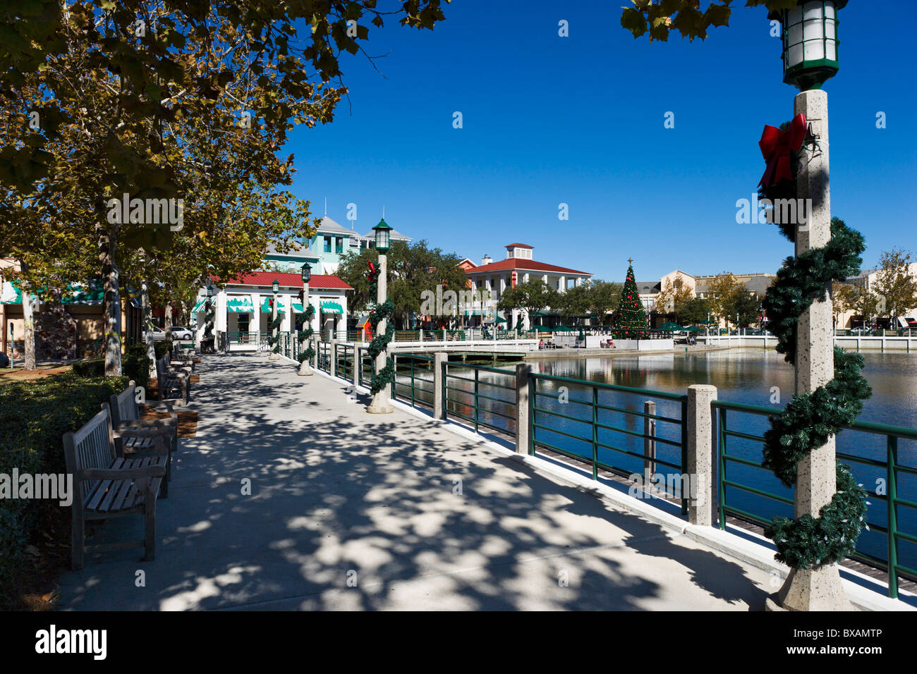 The downtown waterfront in the Disney purpose built township of Celebration, Kissimmee, Orlando, Florida, USA Stock Photo