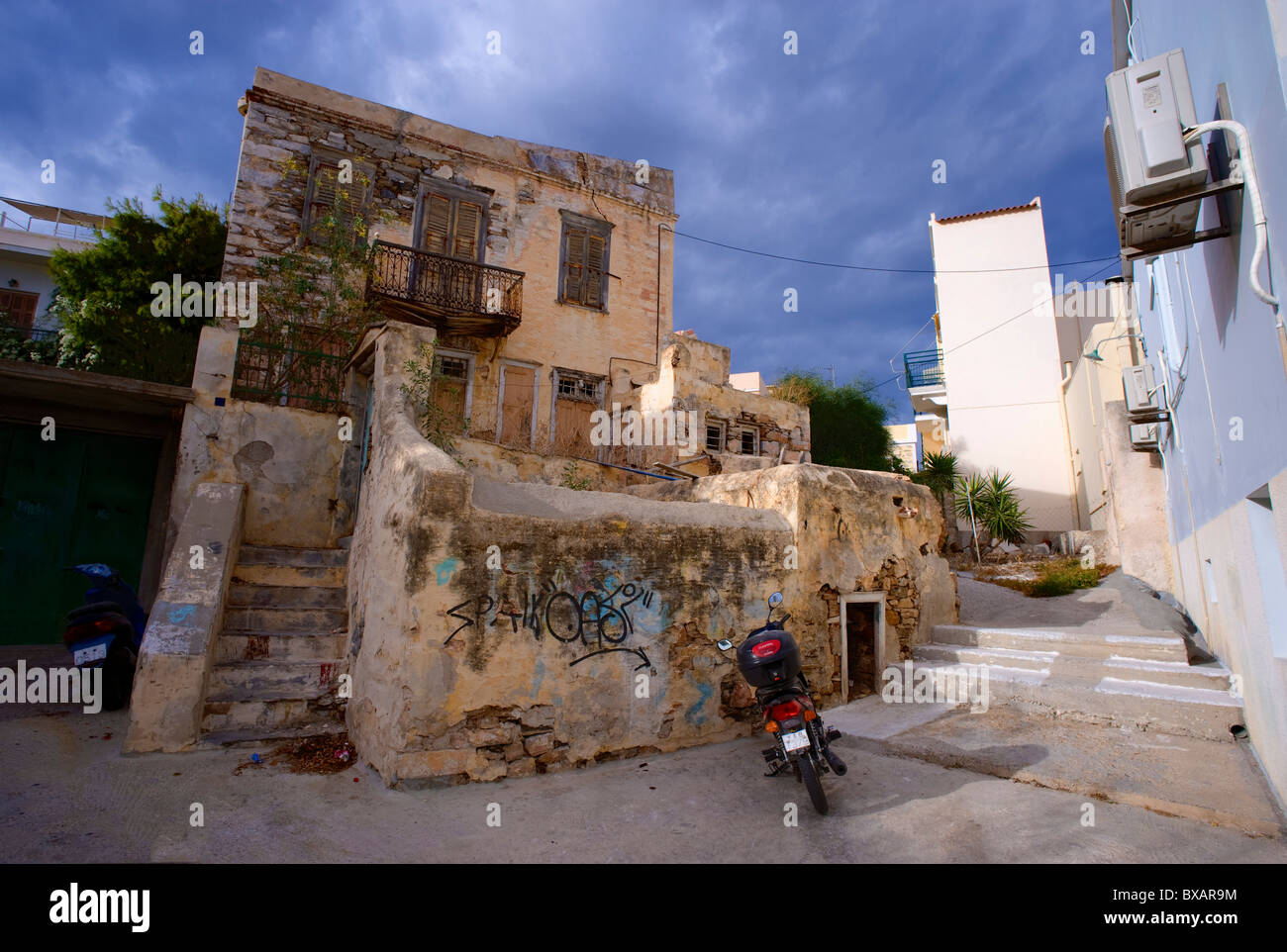 Old unoccupied two storey house in Ermoupolis, on the Greek Cyclade island of Syros Stock Photo