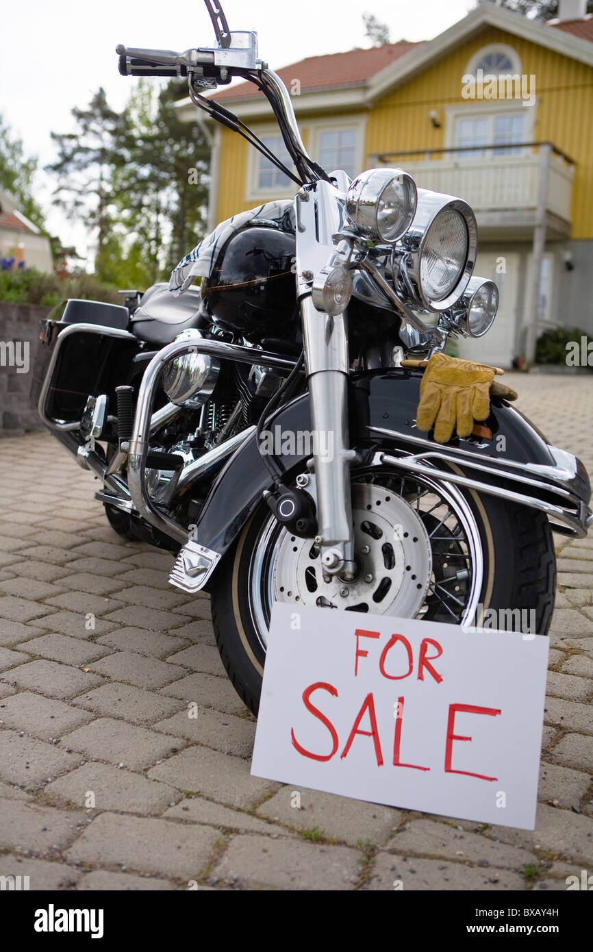 Vintage motorbike with for sale sign Stock Photo Alamy