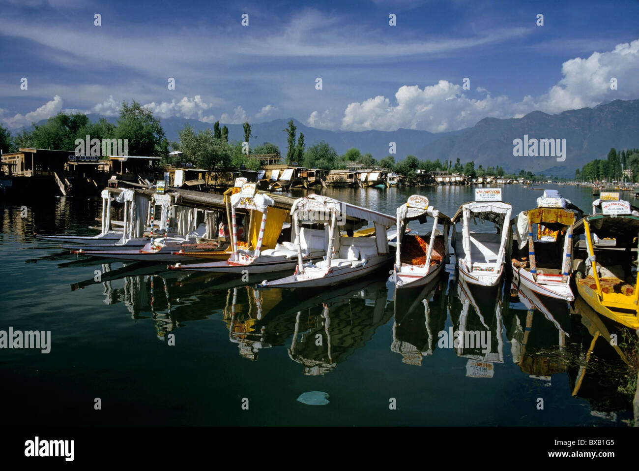 Rows of shikara - traditional wooden tourist boats - on Dal Lake, Srinagar, Kashmir, India. Stock Photo