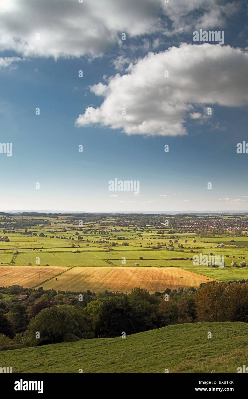 Looking across the Somerset Levels from the summit of Glastonbury Tor, Somerset, England, UK Stock Photo
