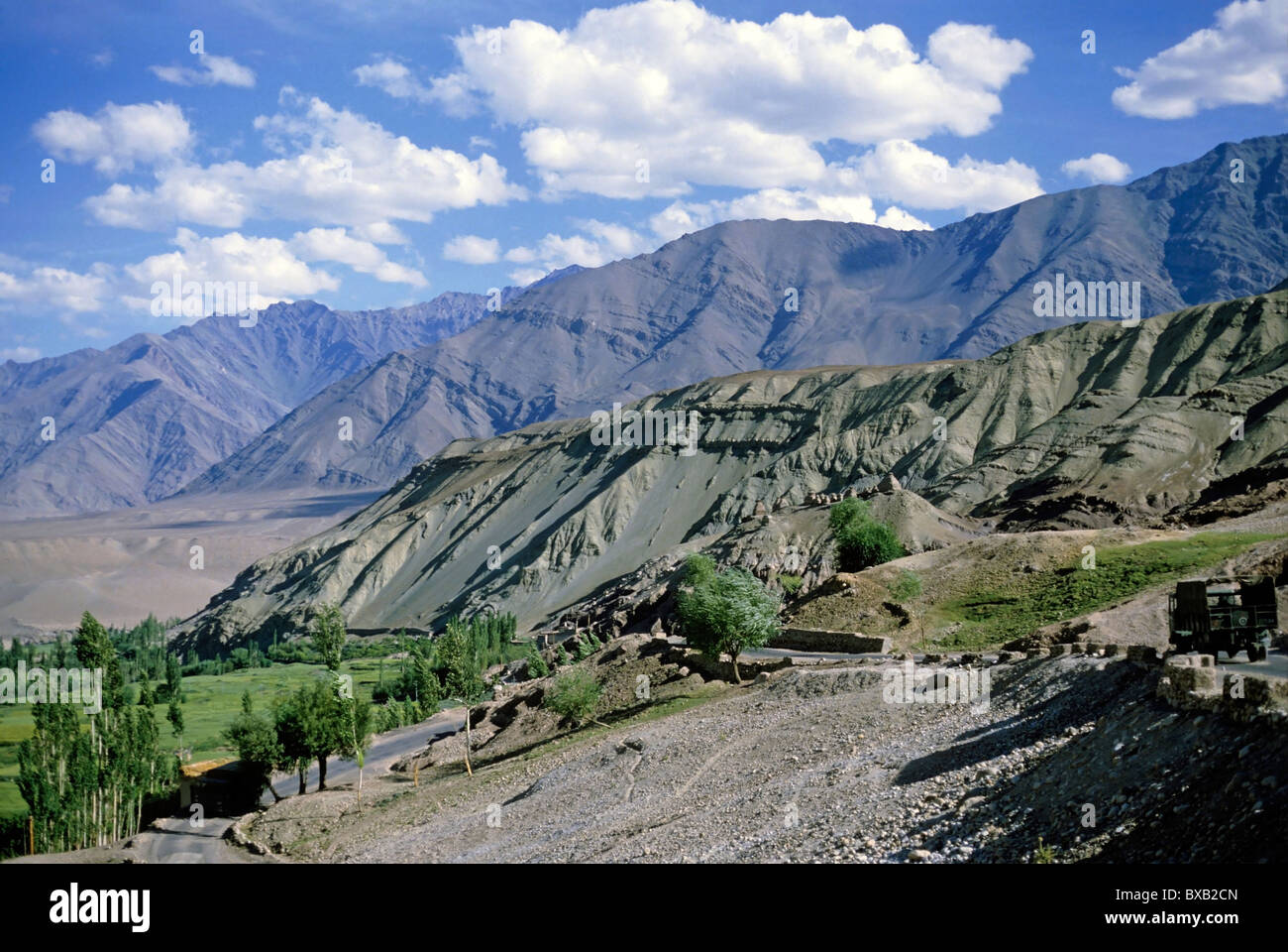 Ladakh, Kashmir, India - road and mountain range. Stock Photo