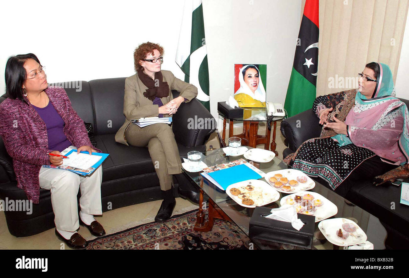 Federal Minister for Population Welfare, Dr.Firdous Ashiq Awan talks with UNIFEM Country Director, Alicen Shackel Ford during Stock Photo