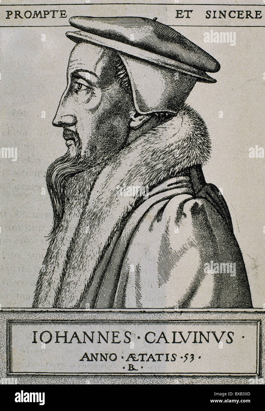 John Calvin (1509–1564). French theologian and pastor during the Protestant Reformation. Engraving. Stock Photo