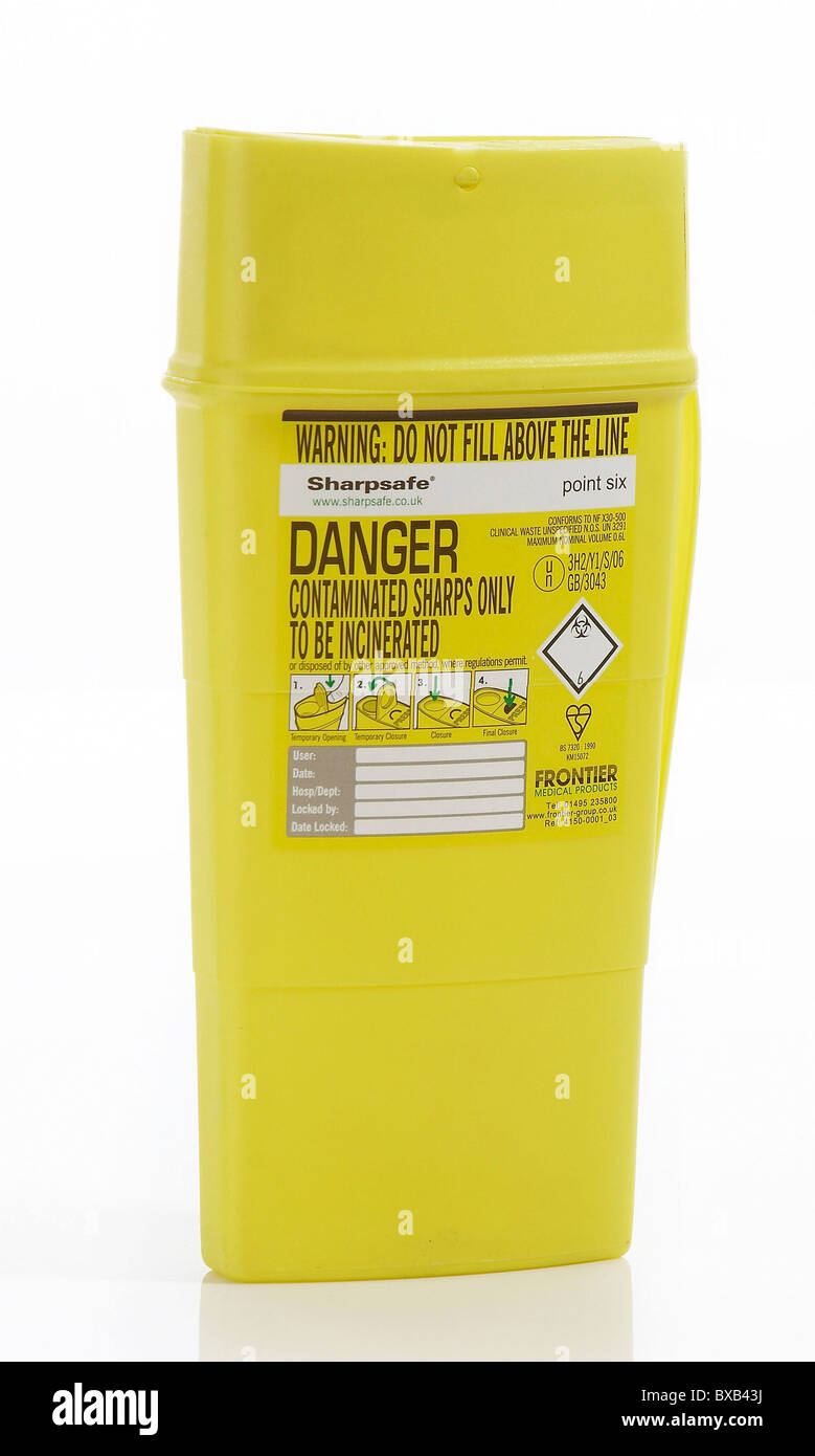 Cutout of Sharpsafe boxes used to dispose of clinical waste in hospitals. Stock Photo