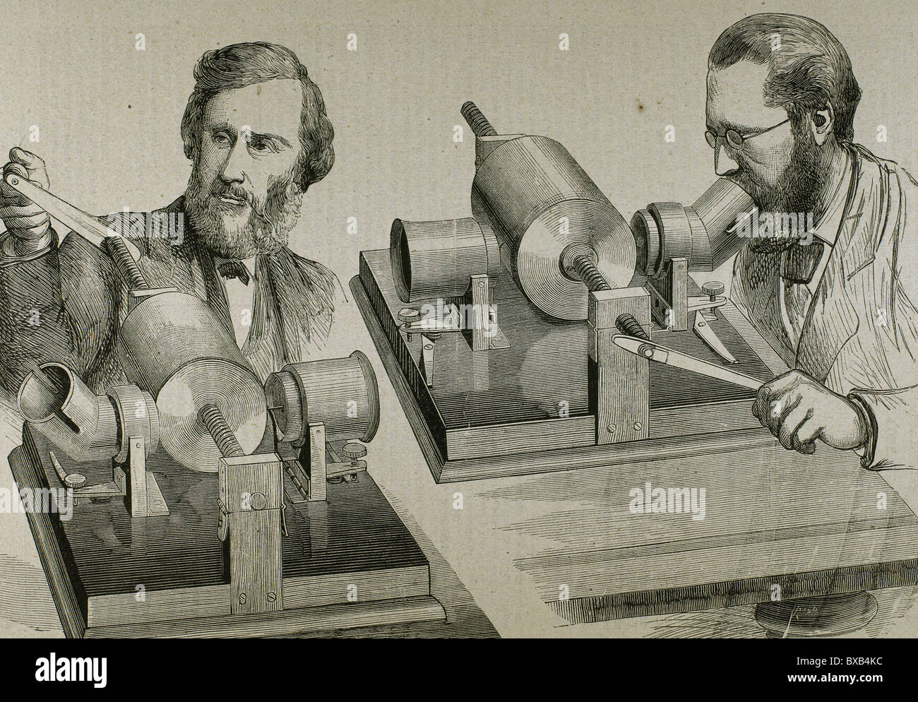 Phonograph. Created in 1877 by Thomas Alva Edison (Milan, Ohio, 1847-West Orange, 1931). Engraving. Stock Photo
