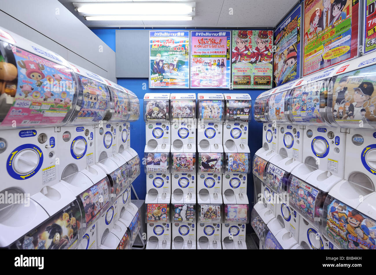 Multiple small manga toy vending machines in a shop in Akihabara, Tokyo