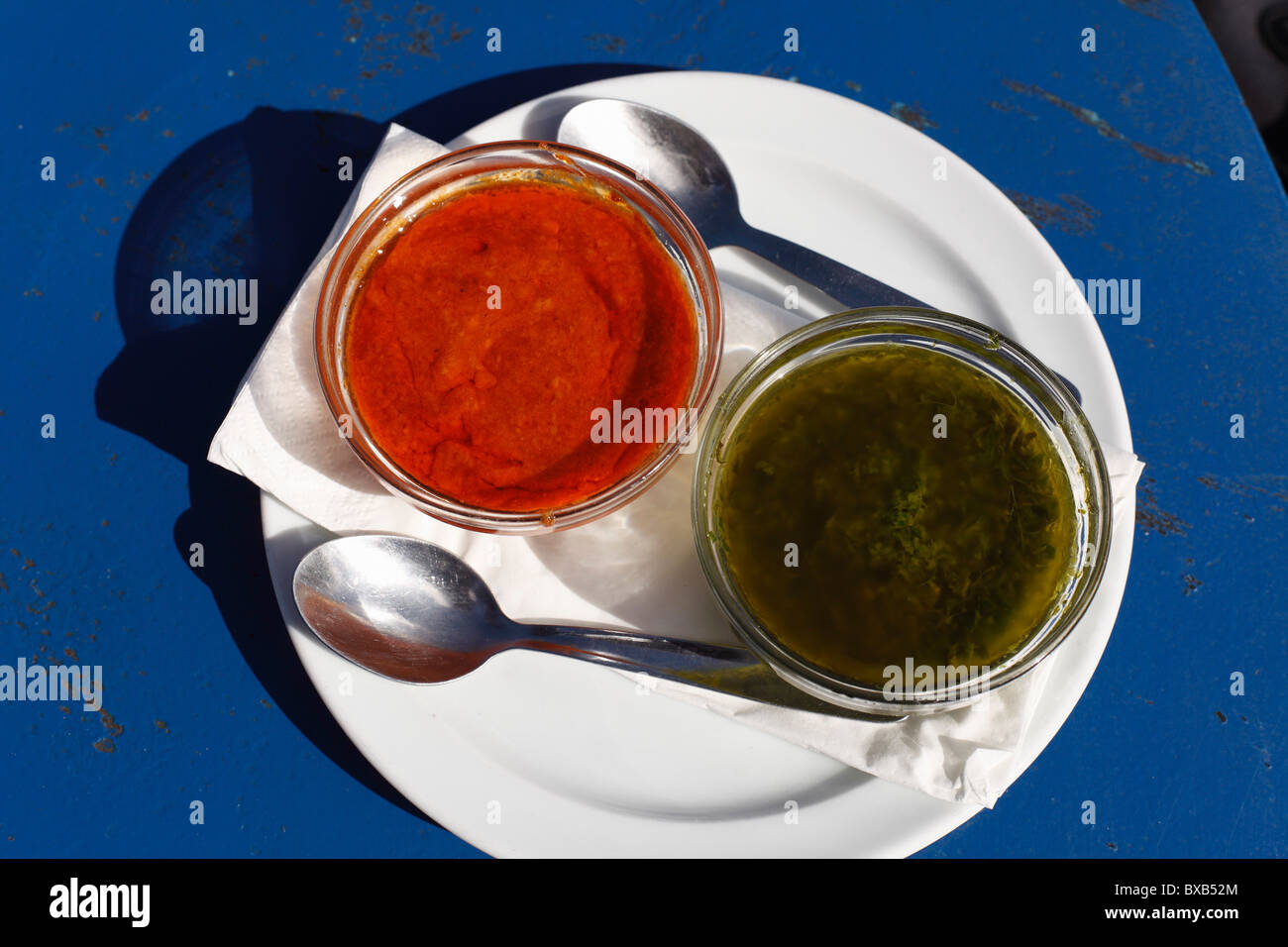 Mojo rojo and mojo verde, red and green sauces, Lanzarote, Canary Islands, Spain, Europe Stock Photo