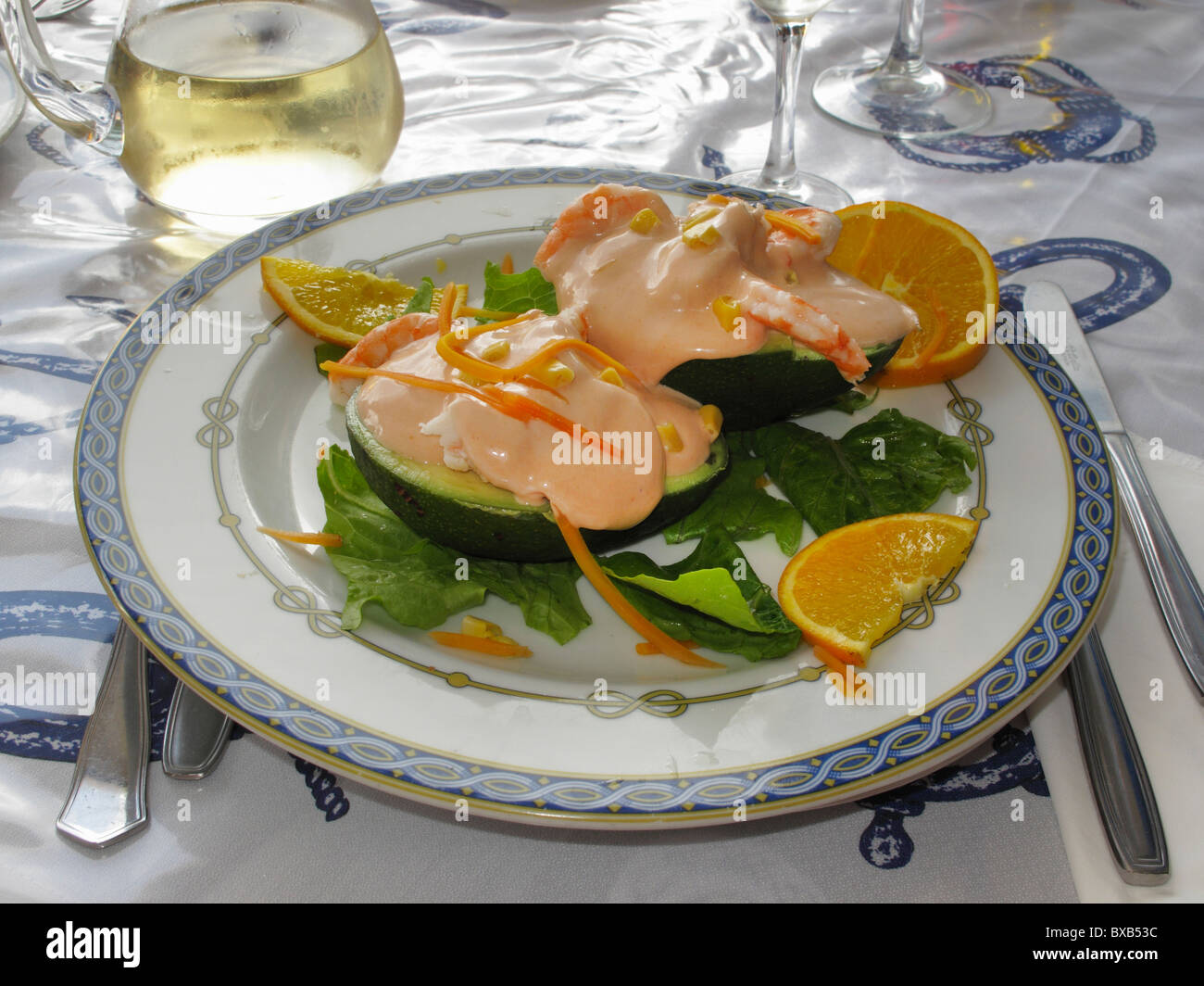 Avocado with prawns and shrimp-cream, Órzola, Lanzarote, Canary Islands, Spain, Europe Stock Photo