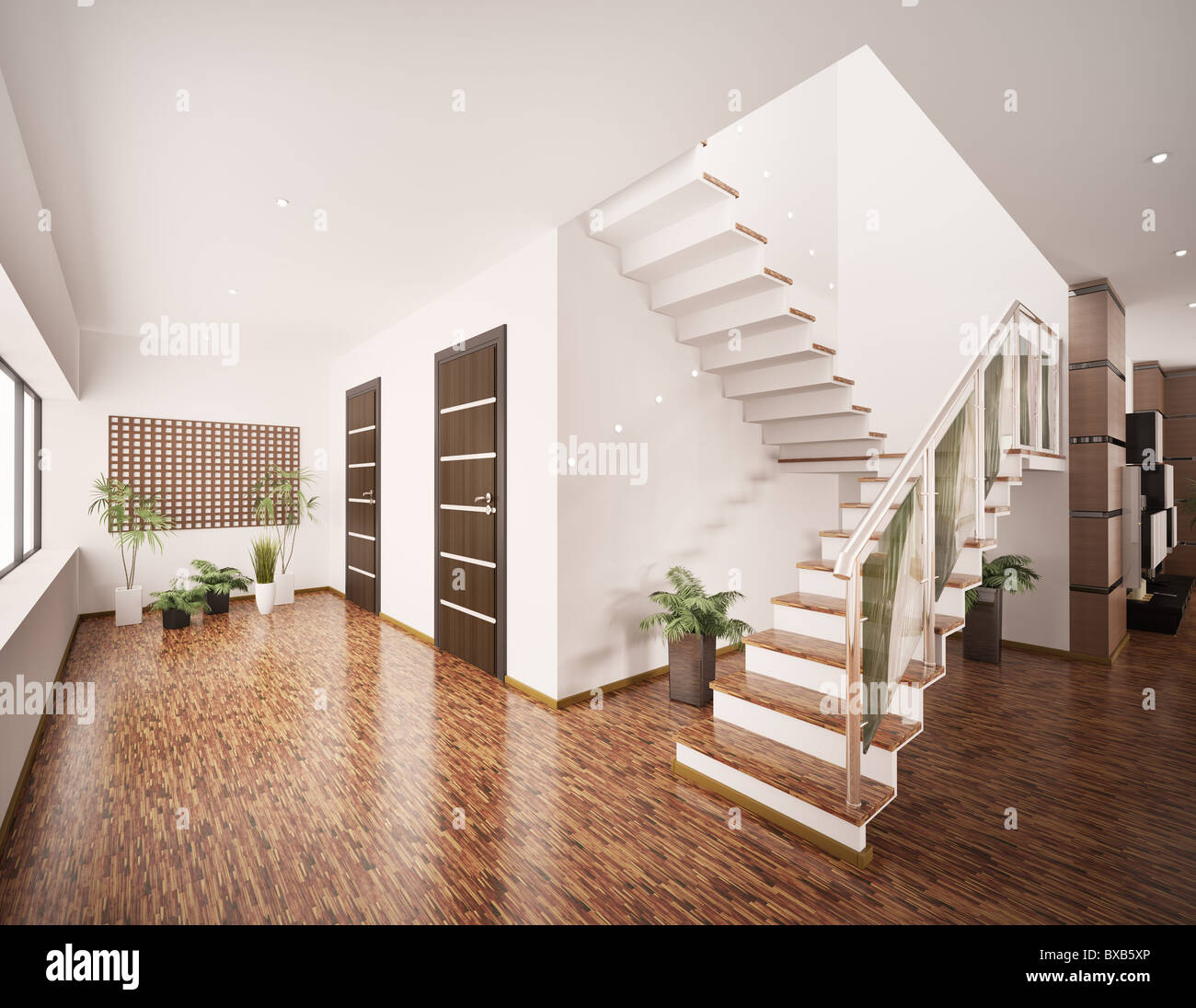 Interior of modern entrance hall with staircase 3d render Stock Photo ...