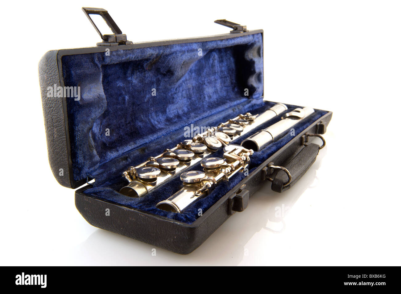 Black case with silver flute in blue velvet Stock Photo Alamy