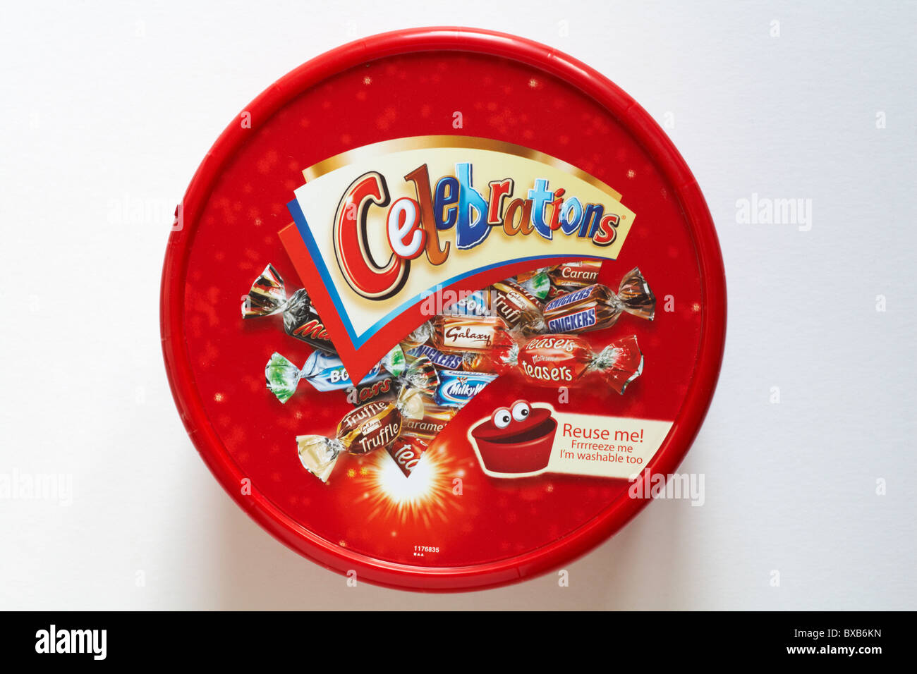 Tub of Celebrations chocolates isolated on white background looking down on from above Stock Photo