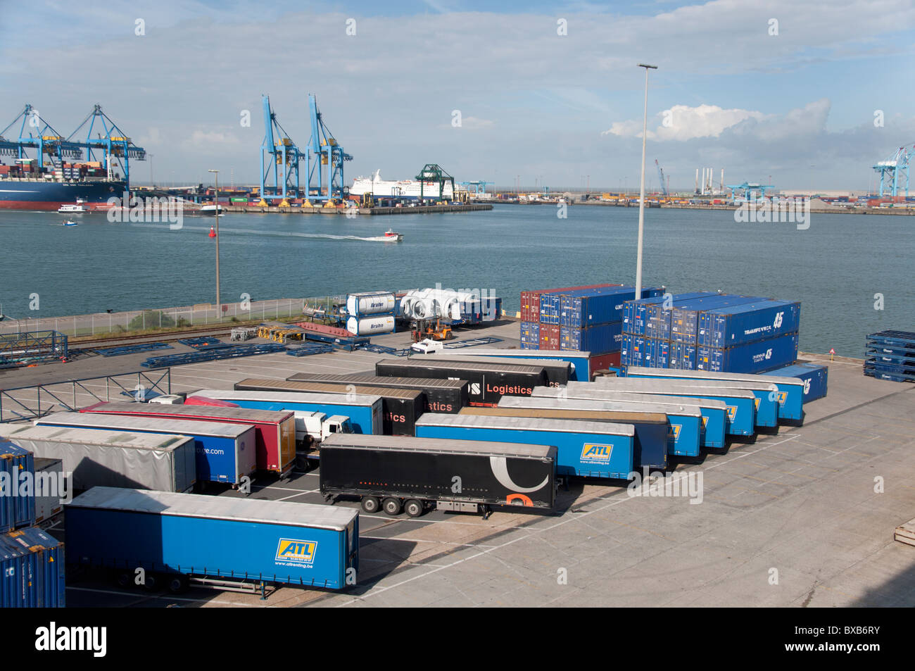 Shipping containers at the port in Brussels, Belgium. Stock Photo