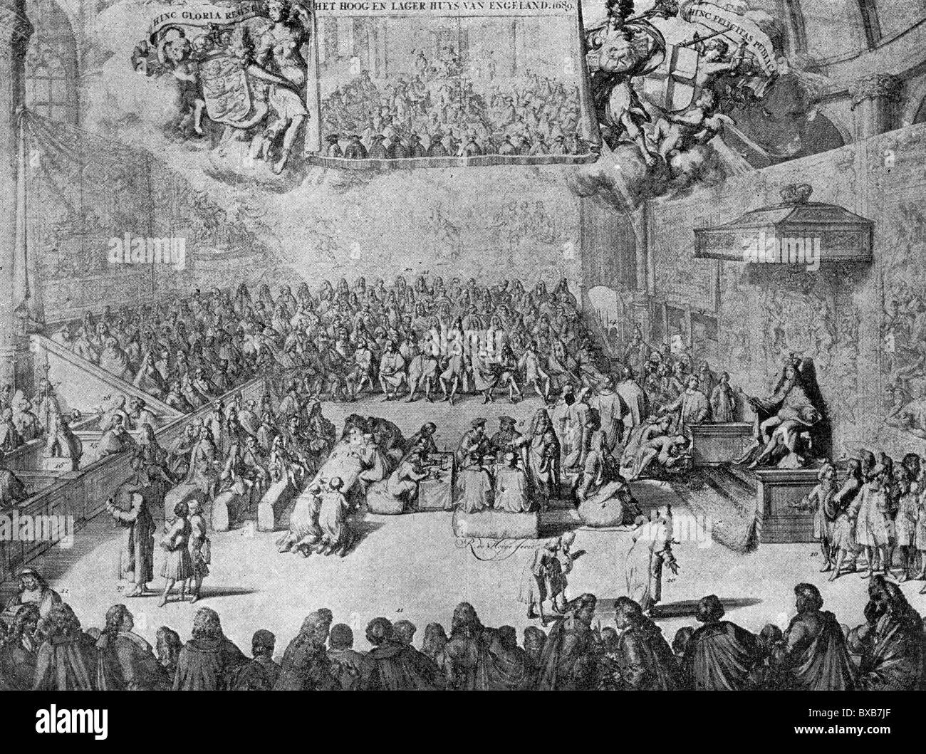 King William III of England in Parliament; Black and White Illustration; Stock Photo