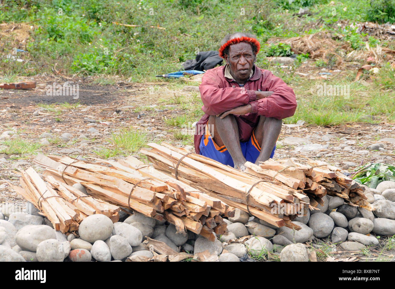 Dani man selling firewood on the market of Wamena, Baliem Valley, West  Papua, former Irian Jaya, Island of Papua New Guinea Stock Photo - Alamy