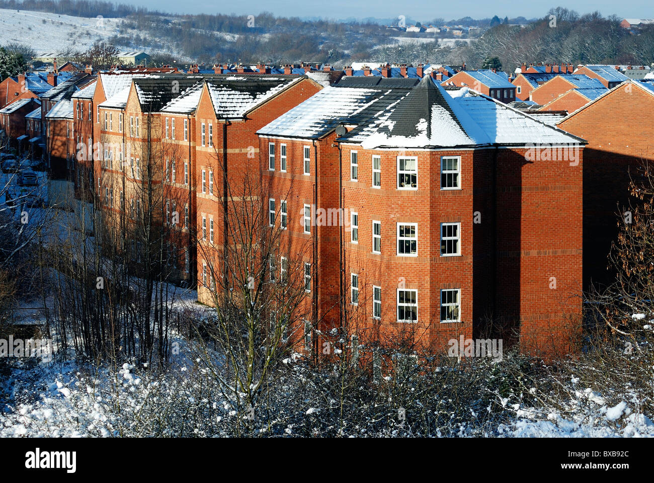 snow scene flats apartments england uk Stock Photo