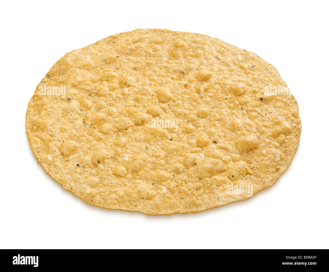 Tostada Isolated on a white background. Full focus front & back. Stock Photo