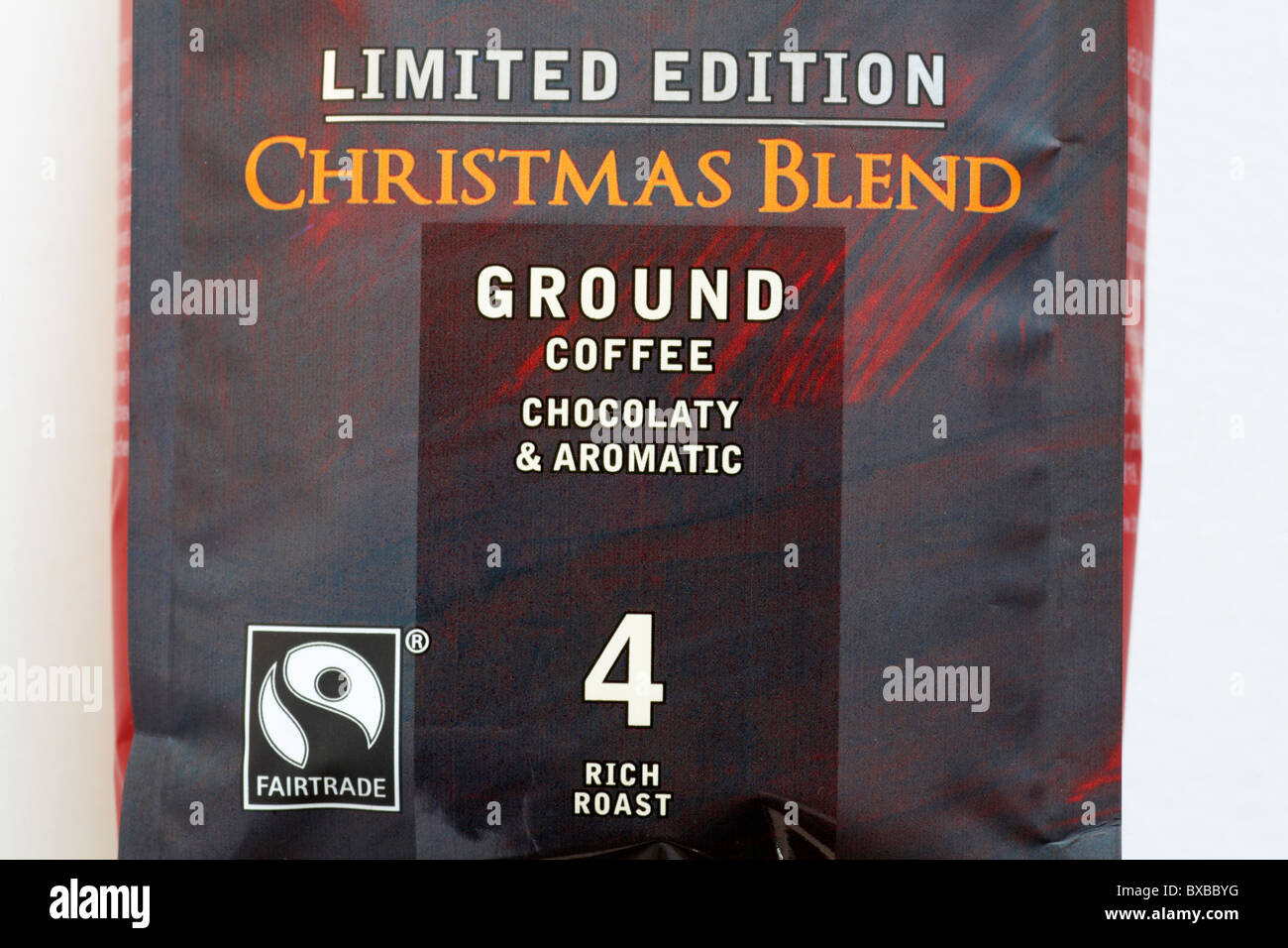 Limited Edition Christmas Blend ground coffee chocolaty & aromatic - Fairtrade logo symbol Fair Trade Stock Photo