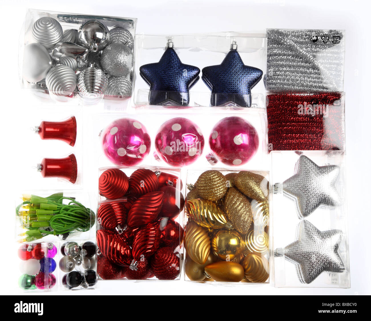 Various Christmas decoration, balls, stars, different designs. Stock Photo
