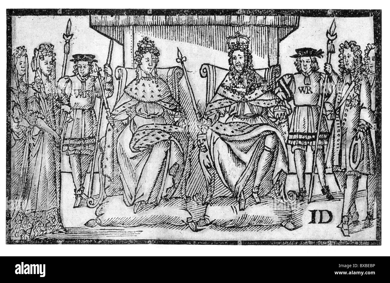 The Protestants' Joy; Coronation of King William III of England and his Wife Mary, 14 April 1689; Black and White Illustration; Stock Photo