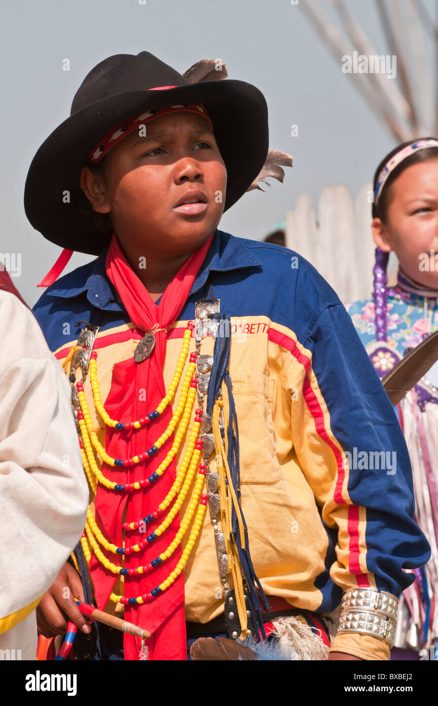 Young boy in traditional regalia, Powwow, Blackfoot Crossing, Alberta