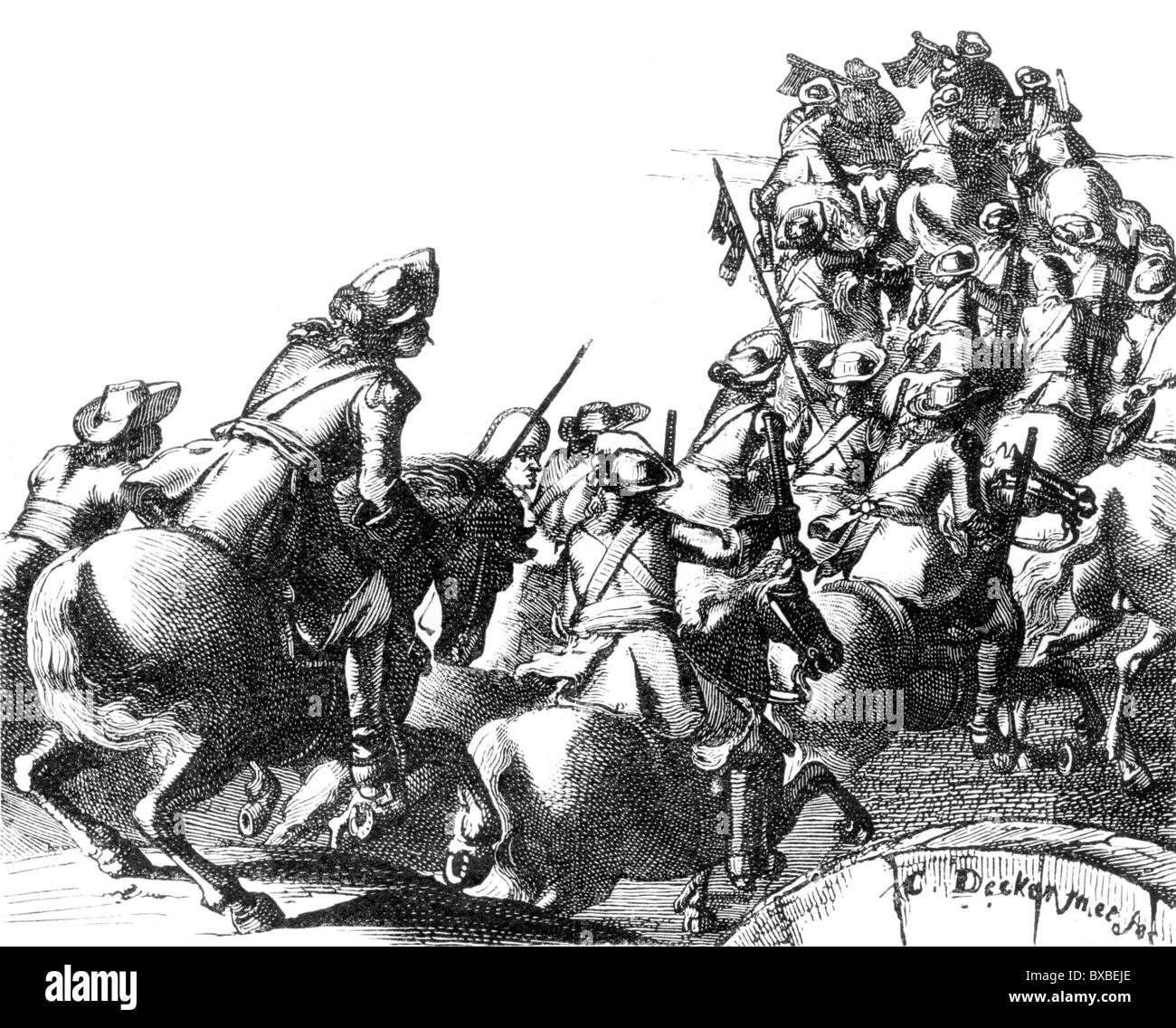 French pistoliers at the storming of Aardenburgh, The Netherlands, 1672; 3rd Franco-Dutch War; Black and White Illustration; Stock Photo