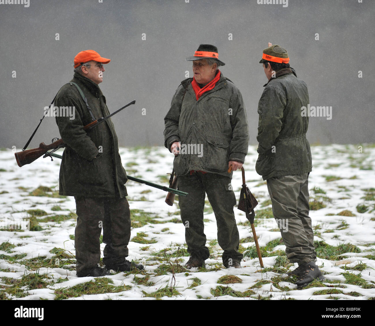 three German boar hunters in adverse weather conditions Stock Photo