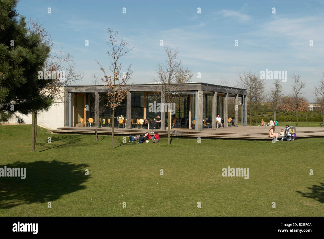 Cafe at the Thames Barrier Park East London UK Stock Photo