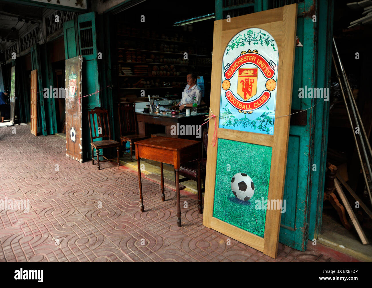 Wooden door with Manchester United logo, Bangkok, Thailand, Asia Stock Photo