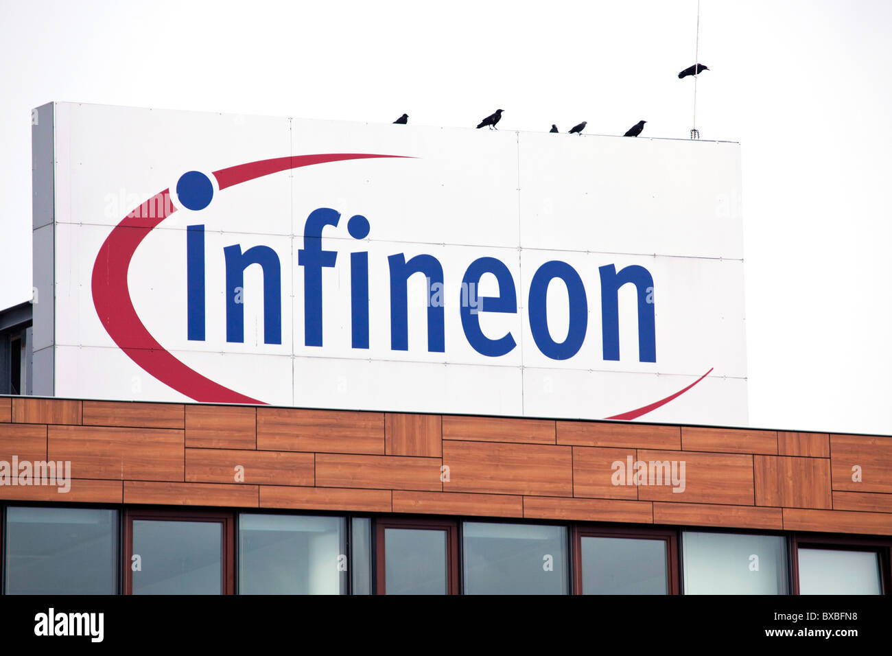 Logo on the headquarters of Infineon Technologies AG, Neubiberg near Munich, Bavaria, Germany, Europe Stock Photo