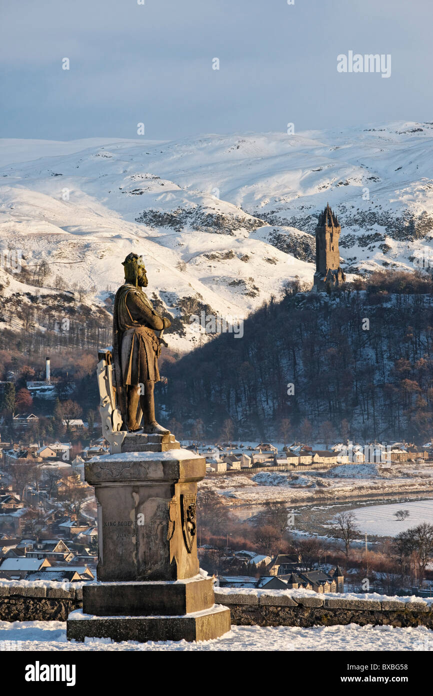 The Wallace Monument and the Robert the Bruce statue on Stirling Castle Esplanade, Stirling City, Scotland, UK. Stock Photo