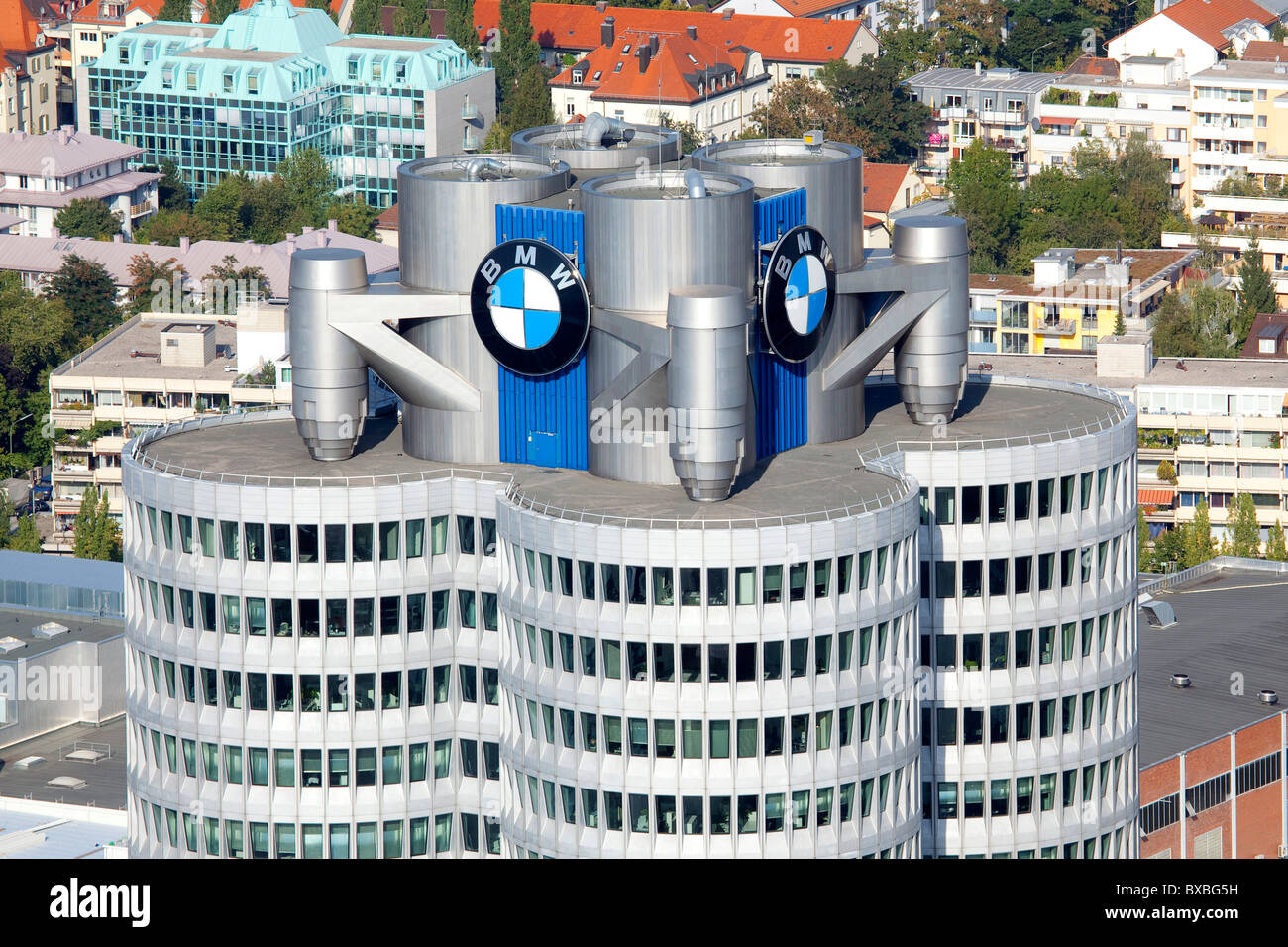 Headquarters of the BMW AG from the Olympic Tower in Munich, Bavaria, Germany, Europe Stock Photo