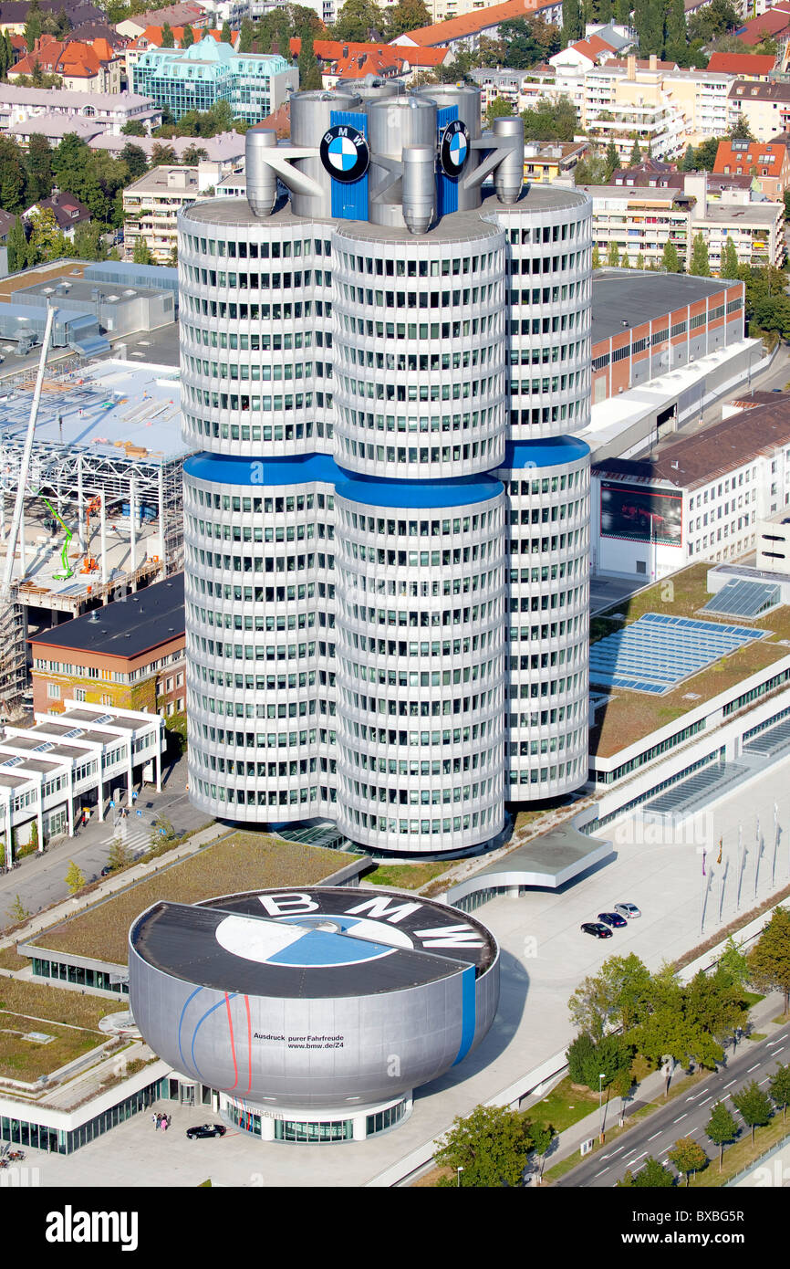 BMW Museum and headquarters of the BMW AG from the Olympic Tower in Munich, Bavaria, Germany, Europe Stock Photo