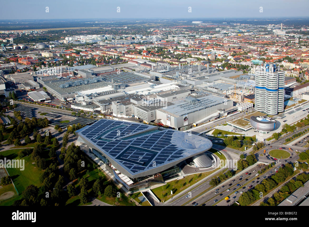 Premises, BMW Museum and headquarters of the BMW AG from the Olympic Tower in Munich, Bavaria, Germany, Europe Stock Photo