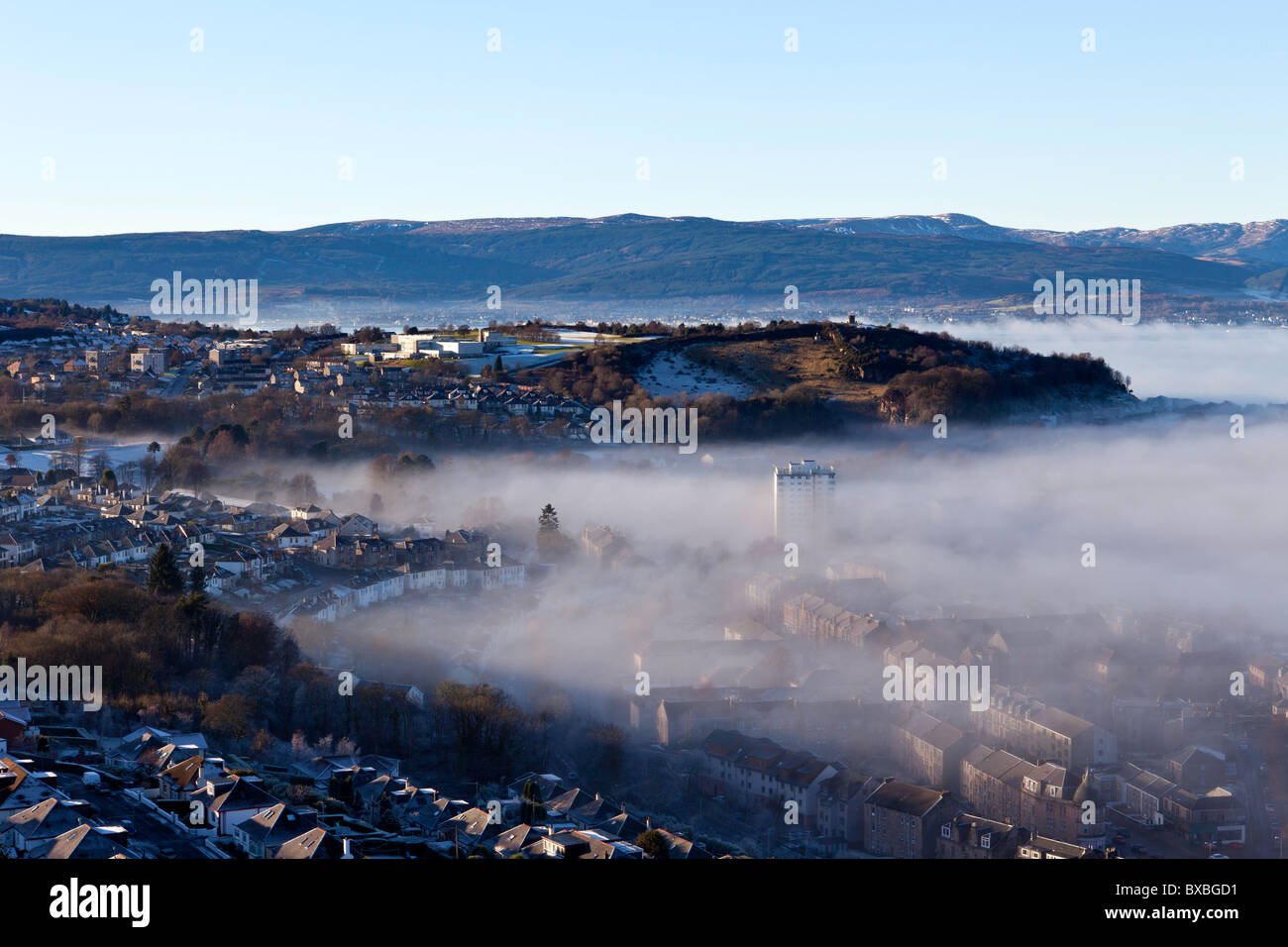 Winters view of mist over Gourock from the Lyle Hill in Greenock Stock Photo