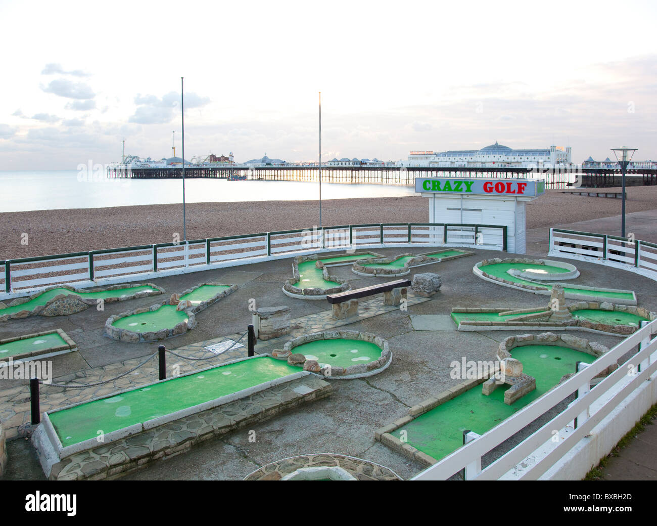 Crazy Golf on beach by Brighton Pier, East Sussex, UK, winter Stock Photo